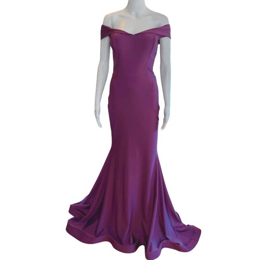 NEW JESSICA ANGEL women's off the shoulder classic gown in eggplant